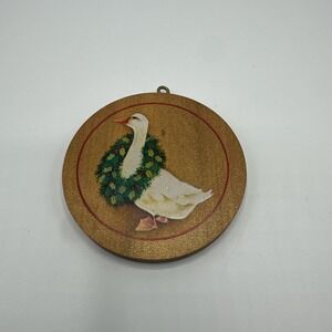 Vintage 3x3 Wood Round Christmas  Ornament Goose Wreath 1985  Hallmark